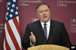 FILE - U.S. Secretary of State Mike Pompeo speaks at a press conference in London, May 8, 2019.