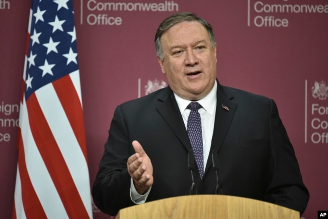 FILE - U.S. Secretary of State Mike Pompeo speaks at a press conference in London, May 8, 2019.