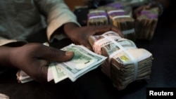 FILE - A trader changes dollars with naira at a currency exchange store in Lagos, Nigeria.