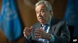 United Nations Secretary-General Antonio Guterres speaks during interview at the UN Headquarters, Jan. 20, 2022, in New York. 