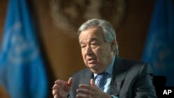 United Nations Secretary-General Antonio Guterres speaks during interview at U.N. headquarters, Jan. 20, 2022, in New York.
