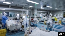 湖北武漢一所醫院的醫護人員在治療新冠病人。（2020年2月24日） 