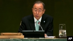 Sekjen PBB Ban Ki-moon memberikan pidato pada KTT Iklim di Markas PBB di New York, Selasa (23/9).