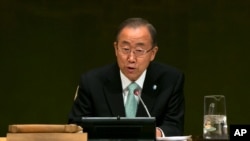 United Nations Secretary-General Ban Ki-moon addresses the Climate Change Summit, at U.N. headquarters in New York, Sept. 23, 2014. 