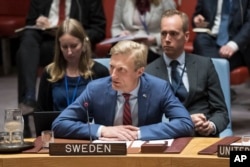 Swedish Ambassador Carl Skau speaks during an emergency Security Council meeting on the situation in Gaza, March 30, 2018, at United Nations headquarters.