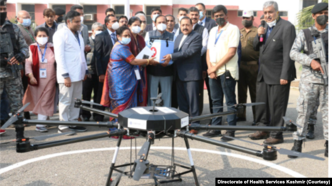 Aerial vaccine delivery by drone in India's Jammu region Nov. 27, 2021. (Photo courtesy Directorate of Health Services Kashmir)