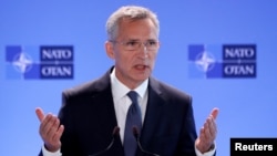 NATO Secretary-General Jens Stoltenberg addresses a news conference during a NATO defence ministers meeting at the Alliance headquarters in Brussels, Belgium, June 7, 2018. 