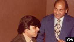 VOA broadcaster, Subhash Vohra (L) interviews the legendary Mohammad Rafi (R) before his 1977 performance at the Royal Albert Hall.