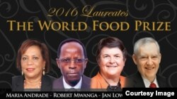2016 Laureates of The World Food Prize: Maria Andrade, Robert Mwanga, Jan Low, Howarth Bouis (left to right) (Courtesy of The World Food Prize)
