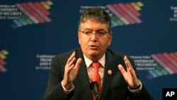 Colombia's Minister of Finance Mauricio Cardenas speaks during the Conference on Prosperity and Security in Central America, June 15, 2017, in Miami.