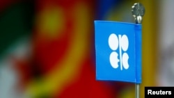 FILE - A flag with the Organization of the Petroleum Exporting Countries (OPEC) logo is seen during a meeting of the Organization of the Petroleum Exporting Countries (OPEC) and non-OPEC producing countries in Vienna, Austria.