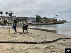 Divers, who are part of a team removing algae, get ready to enter the harbor to help suction and filter out algae in Newport Beach, Calif., Wednesday, July 7, 2021. (AP Photo/Amy Taxin)