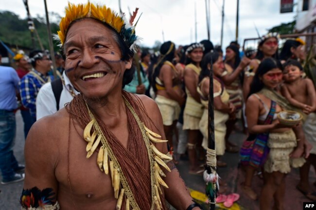 Waorani indigenous people march to demand the non-exploitation of oil in their territory, in Puyo, Ecuador, April 11, 2019. Indigenous people from 16 Waorani communities marched to the provincial court of Pastaza province to attend a protection action hearing against the exploitation of oil in Waorani territory.