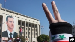 A pro-Syrian regime protester flashes V-victory sign during a protest against the Arab League sanctions, in Damascus, Syria, Nov. 28, 2011.