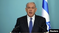 ນາຍົກລັດຖະມົນຕີອິສຣາແອລ ທ່ານ Benjamin Netanyahu
ຖະແຫລງຕໍ່ບັນດານັກຂ່າວ ທີ່ນະຄອນ Jerusalem.