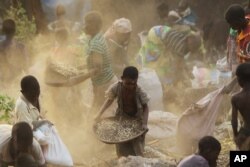 FILE - Women and children separate grain from soil after the driver of a truck lost control, spilling the vehicle's contents in the forest in Machinga, about 200 kilometers (120 miles) northeast of Blantyre, Malawi.