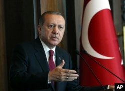 FILE - Turkey's President Recep Tayyip Erdogan delivers a speech during a meeting in Ankara, Oct. 5, 2017.