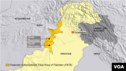 地图上显示的是由巴基斯坦联邦管辖的部落区北瓦济里斯坦和南瓦济里斯坦。