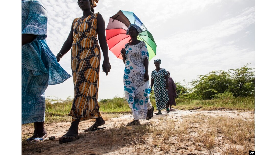 In this photo taken Monday, Oct. 19, 2015, women walk on farmlands that were destroyed by high salt content due to rising sea levels in Saloum Delta, Diamniadio Island in Senegal.