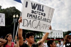 Diego Rios, 23, of Rockville, Md., rallies in support of the Deferred Action for Childhood Arrivals program outside of the White House, in Washington, Sept. 5, 2017.