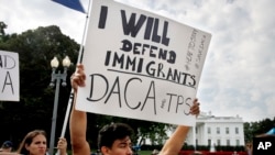 Diego Rios, 23, of Rockville, Md., rallies in support of the Deferred Action for Childhood Arrivals program outside of the White House, in Washington, Sept. 5, 2017.