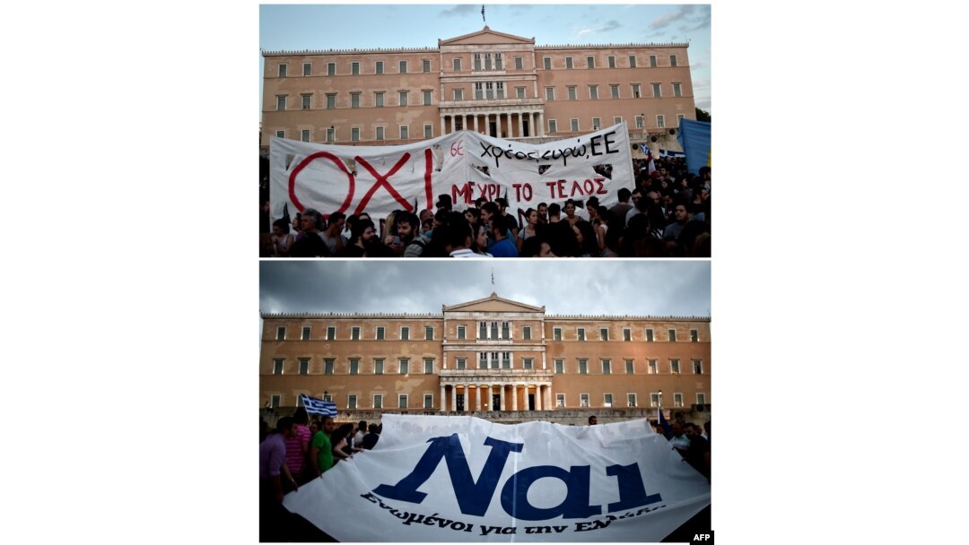 Protestors displaying a banner bearing the ''NO'' slogan in reference to the upcoming referendum on bailout conditions, during a demonstration in front of the Greek parliament in Athens, June 29 and pro-euro protesters hold a banner reading ''YES" during demonstrations in the same location, June 30, 2015.