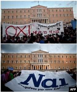 Protestors displaying a banner bearing the ''NO'' slogan in reference to the upcoming referendum on bailout conditions, during a demonstration in front of the Greek parliament in Athens, June 29 and pro-euro protesters hold a banner reading ''YES" during demonstrations in the same location, June 30, 2015.