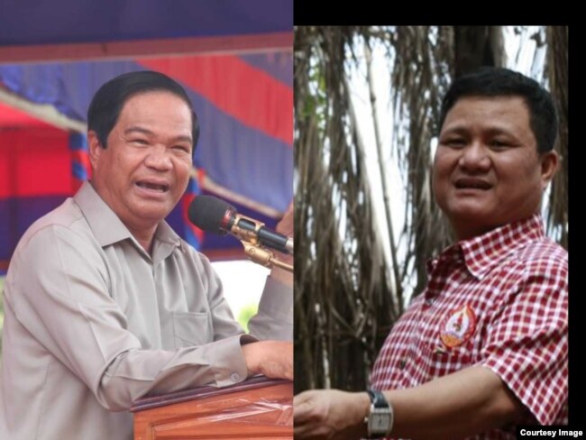 រូបឯកសារ៖ លោកនាយឧត្តមសេនីយ៍ គន់ គីម (ឆ្វេង) ទេសរដ្ឋមន្ដ្រីទទួលបន្ទុកបេសកកម្មពិសេស និងឧកញ៉ា ទ្រី ភាព (ស្តាំ)។ (អូន ឆេងប៉រ/VOA និង Courtesy photo: Globalwitness.org)