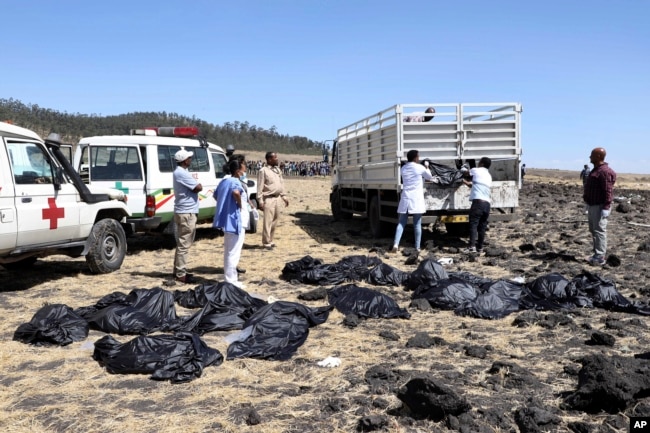 Rescuers remove body bags from the scene of an Ethiopian Airlines flight that crashed shortly after takeoff at Hejere near Bishoftu, or Debre Zeit, some 50 kilometers (31 miles) south of Addis Ababa, in Ethiopia Sunday, March 10, 2019.