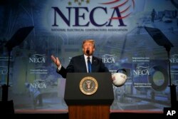 President Donald Trump speaks to the National Electrical Contractors Association Convention at the Pennsylvania Convention Center, Oct. 2, 2018, in Philadelphia.