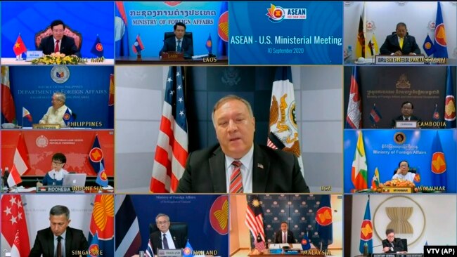 美国国务卿蓬佩奥2020年9月10日参加美国与东盟外长的视频会议（视频截图）。