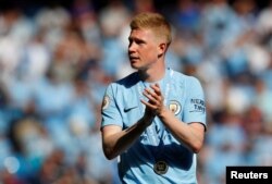 Le joueur de Manchester City Kevin De Bruyne au stade de Manchester, le 6 mai 2018.