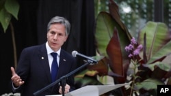 Secretary of State Antony Blinken speaks as he visits the Jose Celestino Mutis botanical garden in Bogota, Colombia, Oct. 21, 2021.