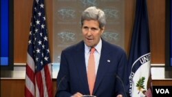 Menlu AS, John Kerry memberikan keterangan kepada media mengenai Laporan Praktek HAM di dunia untuk tahun 2014, Kamis (26/6).