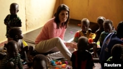 U.S. Ambassador to the United Nations Nikki Haley meets South Sudanese refugee children at the Nguenyyiel refugee camp in Ethiopia's Gambella Region, Oct. 24, 2017.