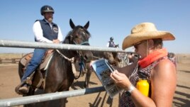 Prospective buyer Kimela Hancock looks over the program at the auction held by Wild Horse Program at the Sacramento County Sheriff's Department, Rio Cosumnes Correctional Center in Elk Grove, California, Sept. 10, 2016.