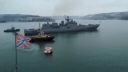The Russian Navy's frigate Admiral Essen takes part in the drills in the Black Sea, Russia, in this still image taken from video released Jan. 26, 2022.