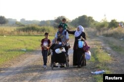 Syrian migrants travel along a road after crossing into Hungary from the border with Serbia near Roszke, Hungary, Aug. 29, 2015.