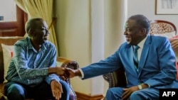 Zimbabwe's President Emmerson Mnangagwa (R) shakes hands with the leader of the Movement for Democratic Change (MDC), the country's main opposition party, Morgan Tsvangirai (L), who has been battling cancer, during a visit at his home in Harare on January 5, 2018. The visit came as Zimbabwe's political parties prepare to begin campaigning for elections due later this year. AFP PHOTO / Jekesai NJIKIZANA
