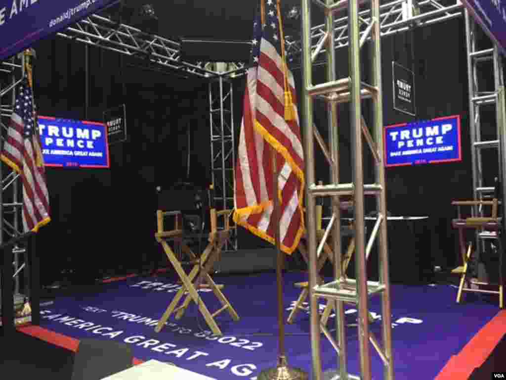 A Trump/Pence campaign interview location in "Spin Alley" near the stage for the vice presidential debate in Farmville, Virginia.