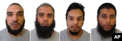 A composite of four undated images issued Aug.2, 2017, by Britain's West-Midlands Police, showing left to right: Tahir Aziz, Naweed Ali, Mohibur Rahman and Khobaib Hussain who have been found guilty of preparing terrorist acts in London.