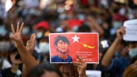 People rally in a protest against the military coup and to demand the release of elected leader Aung San Suu Kyi, in Yangon, Myanmar, February 8, 2021. (REUTERS/Stringer)