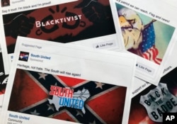 FILE - Some of the Facebook ads linked to a Russian effort to disrupt the American political process and stir up tensions around divisive social issues, released by members of the U.S. House Intelligence committee, are photographed in Washington.