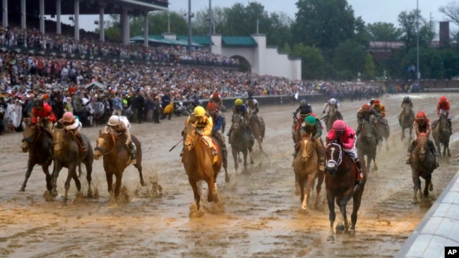 在肯塔基州路易斯维尔的“肯塔基德比”赛马中，路易斯·塞兹骑着“最高安全”第一个冲过终点线。裁判后来宣布“最高安全”越道犯规，取消了它的成绩。(2019年5月4日)