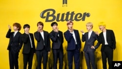FILE - K-pop group BTS in Seoul in May 2021. From left: V, Suga, Jin, Jung Kook, RM, Jimin, and J-Hope.
