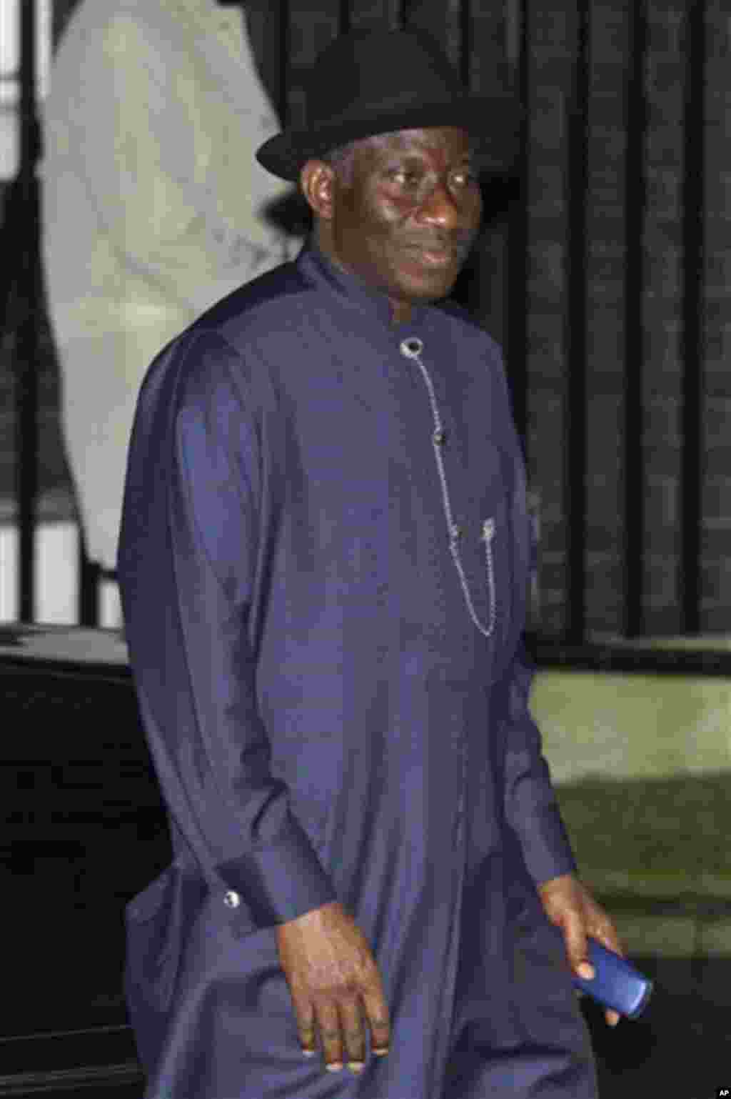 Nigerian President Goodluck Jonathan arrives at 10 Downing Street in London for a meeting with British Prime Minister David Cameron, Wednesday, Feb. 22, 2012.