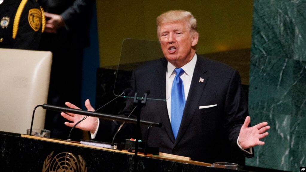President Donald Trump speaks to the United Nations General Assembly, Sept. 19, 2017, in New York. 