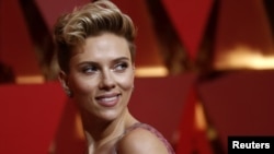 FILE - Scarlett Johansson arrives at the Academy Awards in Hollywood, California, Feb. 26, 2017.