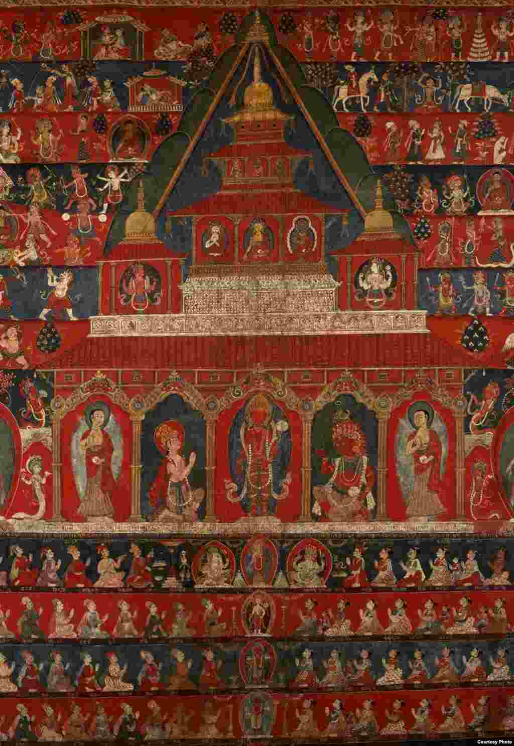This monumental work, one of the largest Nepalese scroll paintings (paubha) in the world, depicts the temple of Rato Macchendranath in the ancient kingdom of Patan in the Kathmandu Valley. (Rubin Museum of Art)