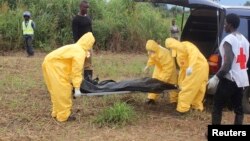 FILE - Health workers carry the body of an Ebola virus victim in the Waterloo district of Freetown, Oct. 21, 2014. 